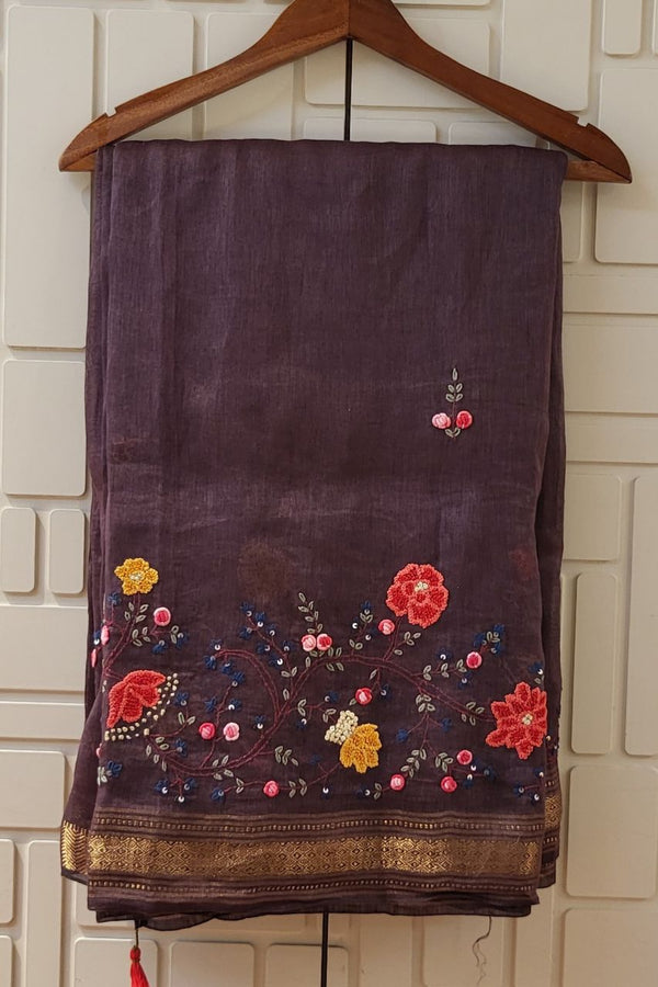 Embroidered Linen Saree in Brown Colour