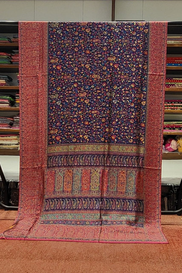 Kashmiri Embroidery Saree with Floral Woven and Broad Border