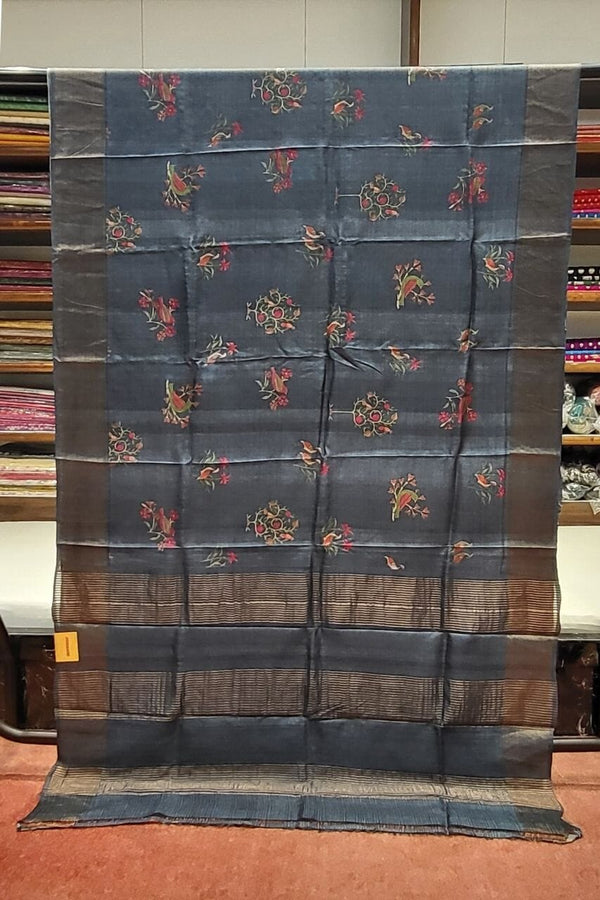 Kalamkari Tussar Silk Saree in Dark Grey Colour