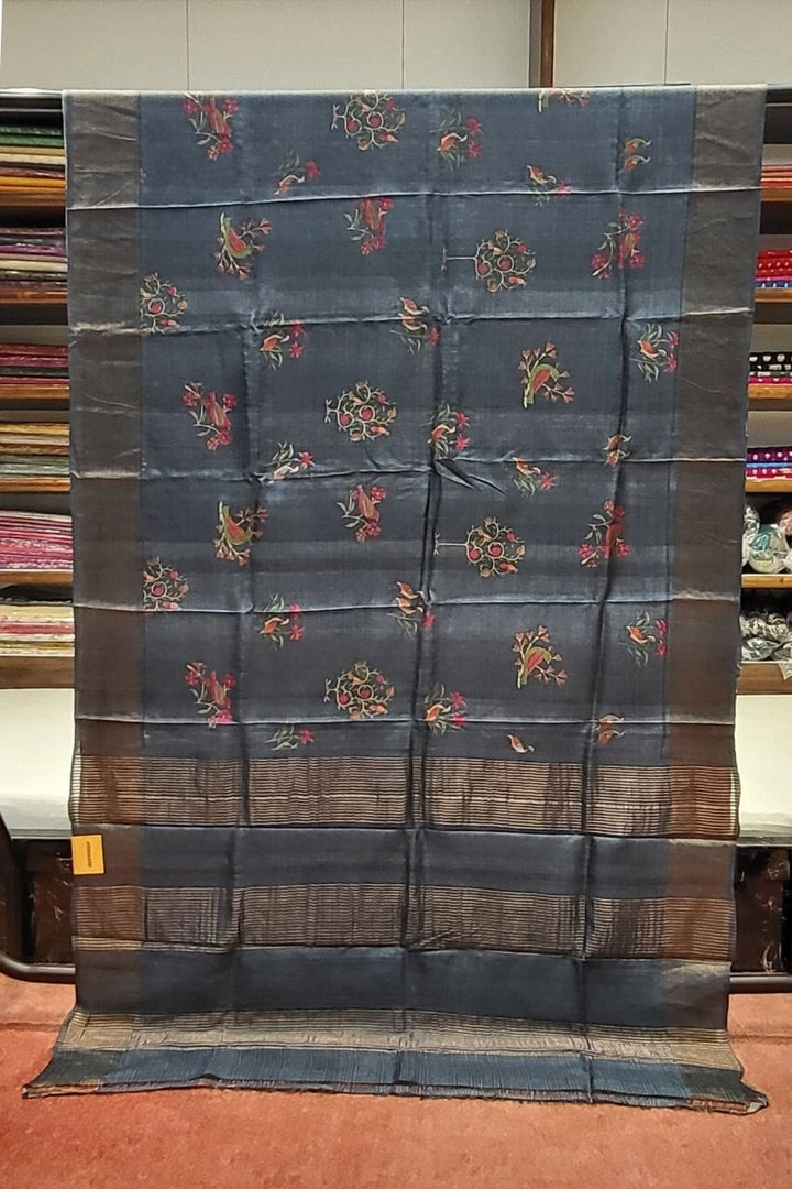 Kalamkari Tussar Silk Saree in Dark Grey Colour