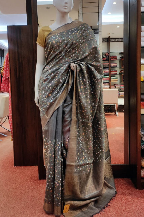 Pure Tussar Silk Saree In Grey Color
