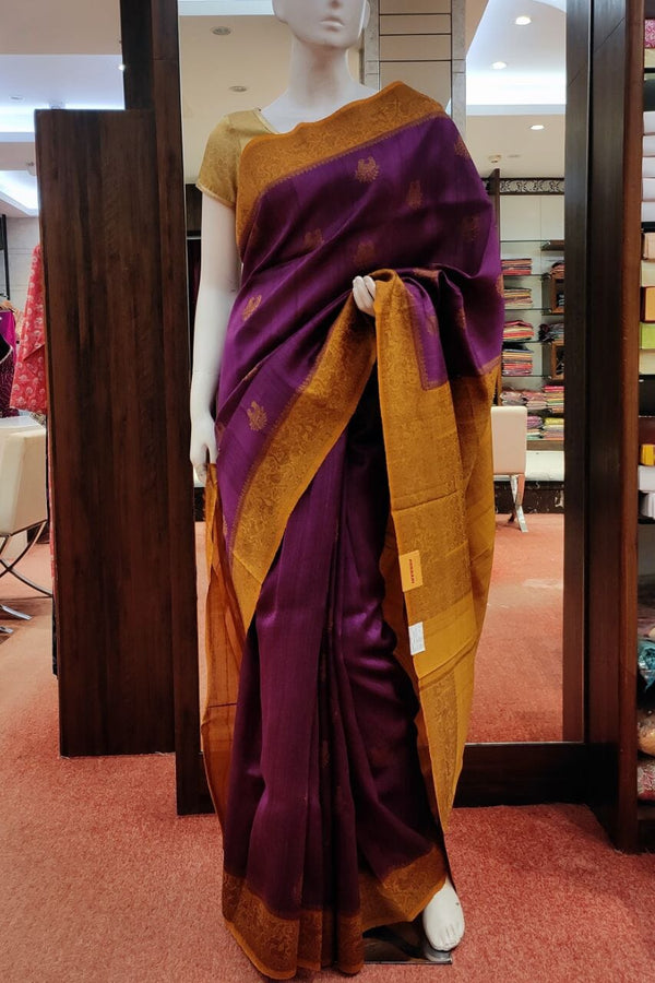 Pure Tussar Silk Saree In Purple With Zari Work