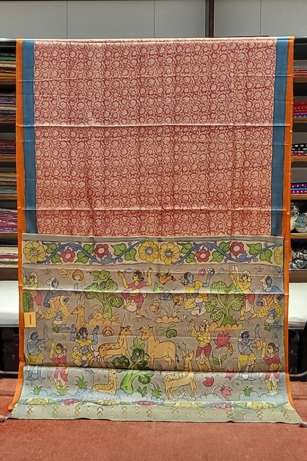 Pure Tussar Kalamkari Saree- Dual Border