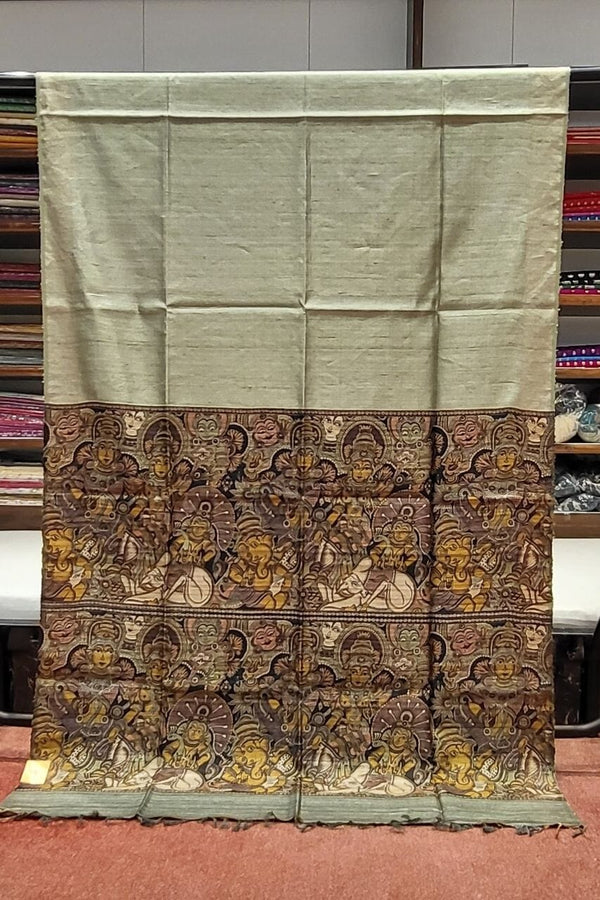 Plain Tussar Saree With Kalamkari Pallu- Olive Grey