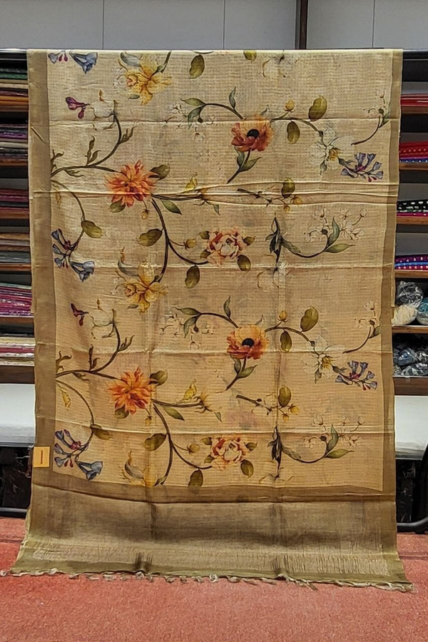 Pure Tussar Silk Saree With Kalamkari Olive Color