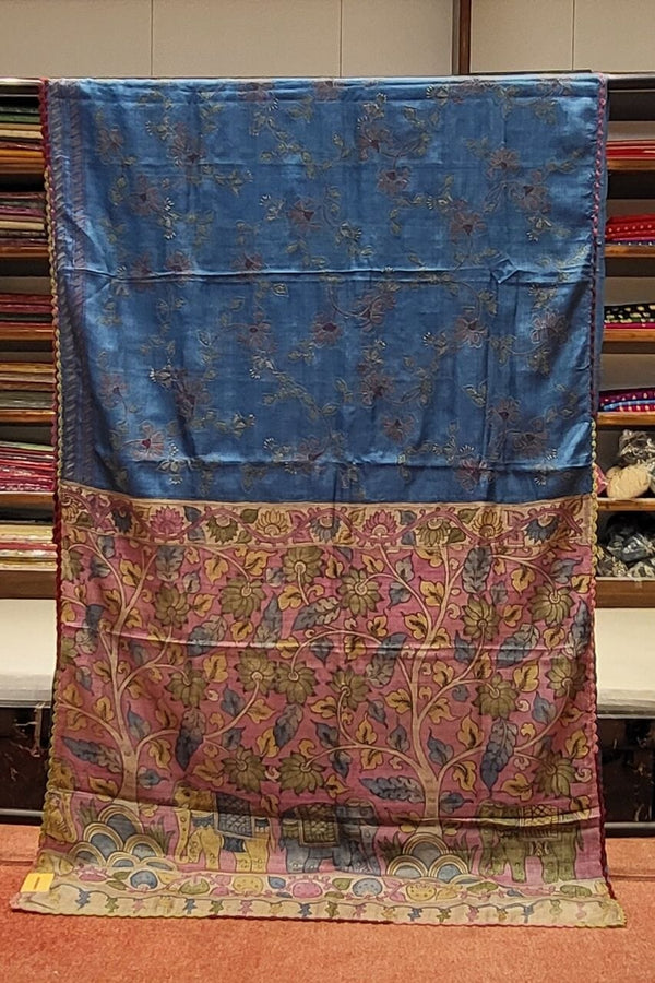 Pure Tussar Kalamkari Saree- Blue Colour