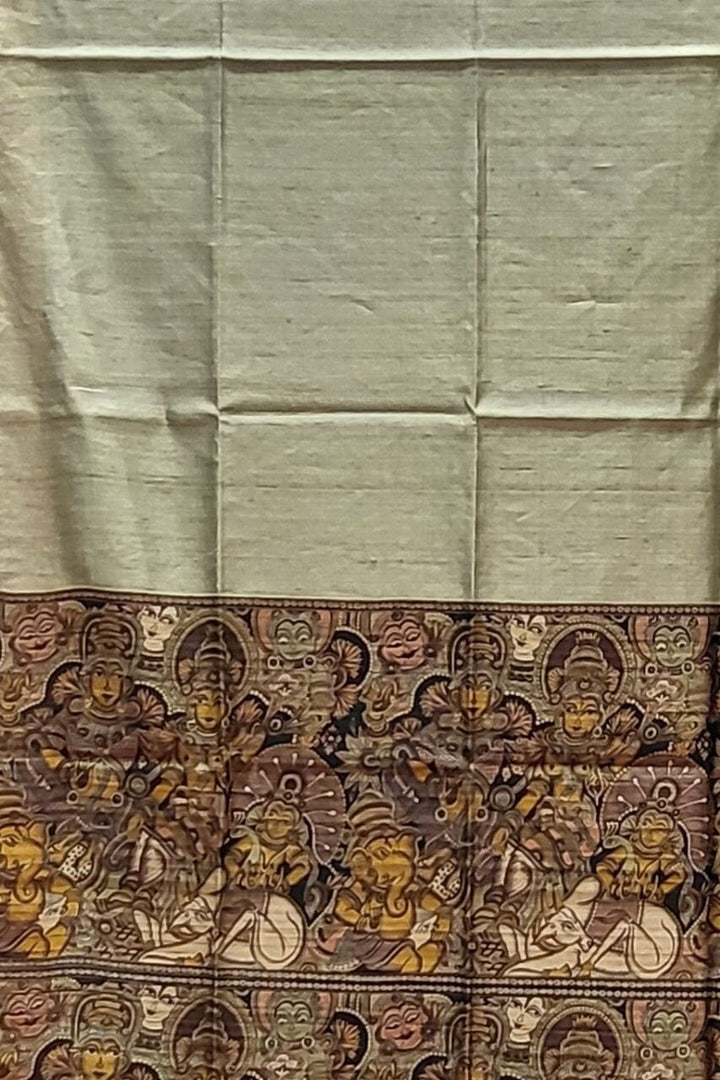 Plain Tussar Saree With Kalamkari Pallu
