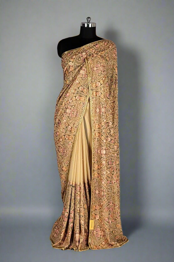 Pure Georgette Saree for Festivals- Resham Kashmiri Work
