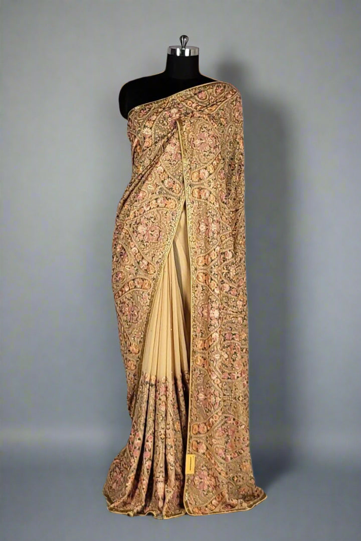 Pure Georgette Saree for Festivals- Resham Kashmiri Work