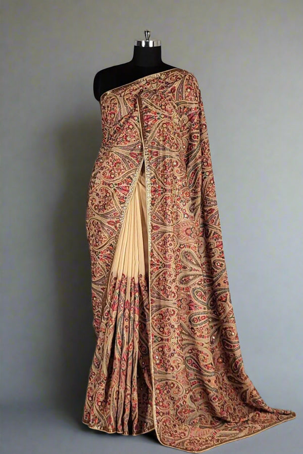 Pure Georgette Saree with Kashmiri Work- Beige Colour