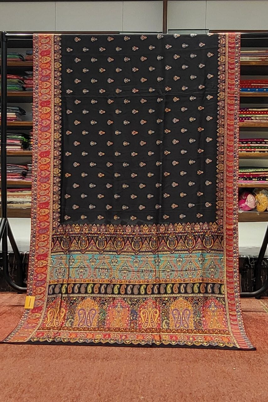 Black Pashmina Silk Saree with Booti Work and Heavy Pallu