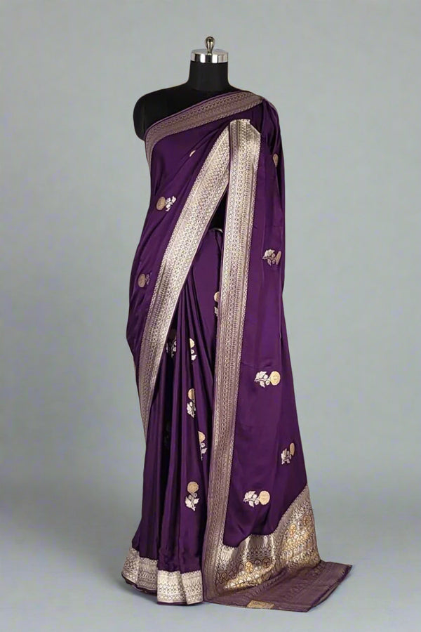 Purple Satin Saree with Zari Woven Pallu