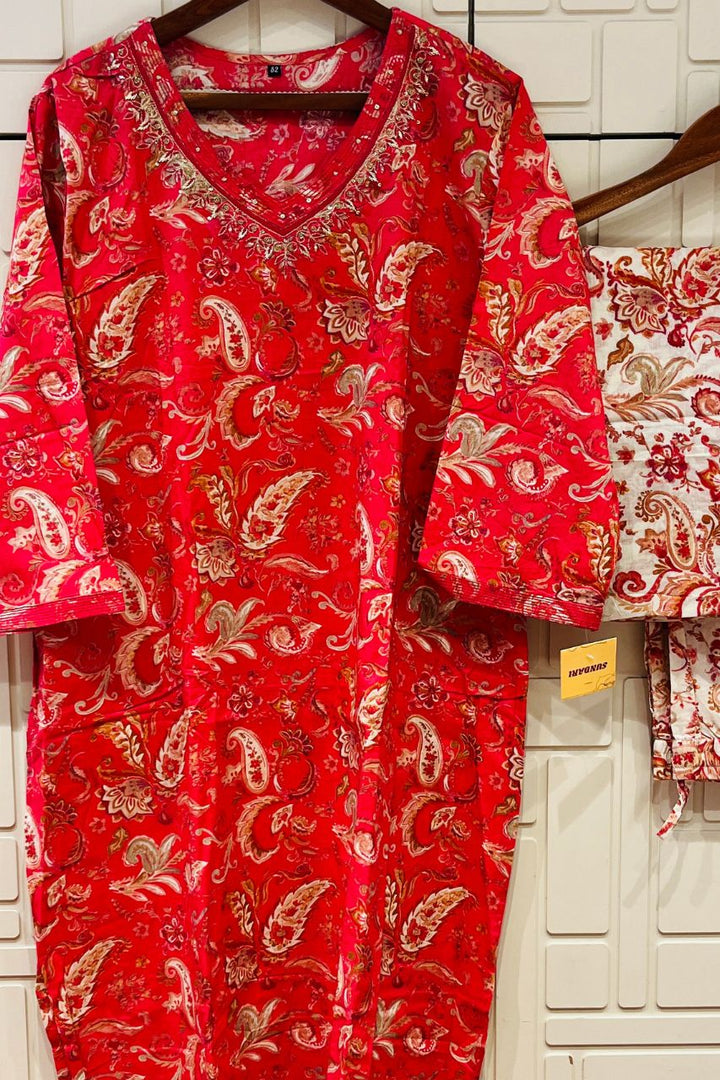Plus Size Kurta Pant Dupatta Set In Red