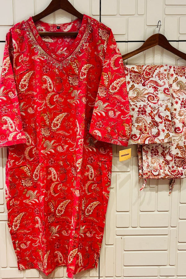 Plus Size Kurta Pant Dupatta Set In Red- 6XL