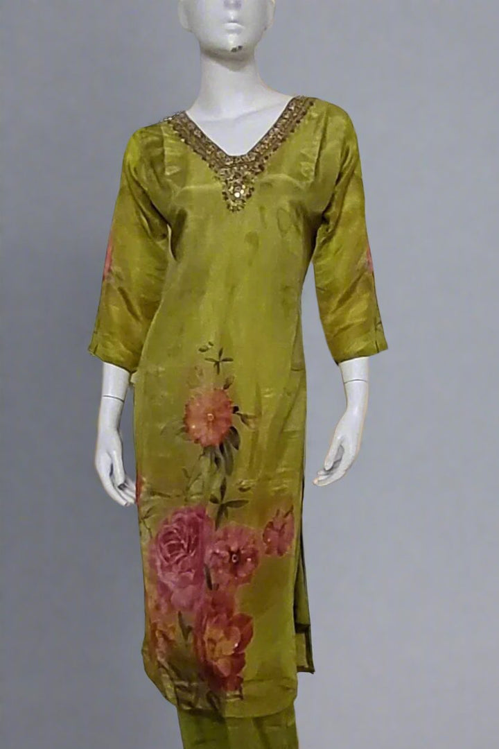 Ready-Made Salwar Suit in Silk with Printed Organza Dupatta