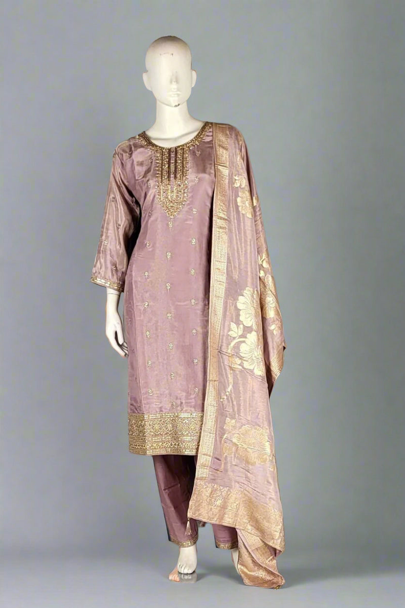 Ready Made Suit Set with Silk Woven Dupatta