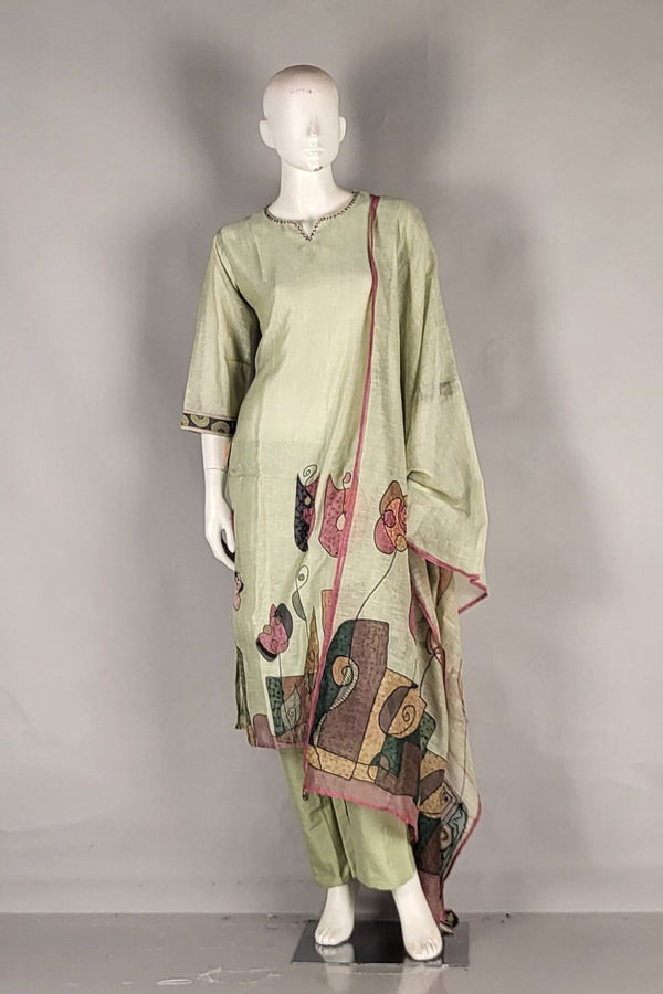 Readymade Salwar Suit in Chanderi Cotton- Green