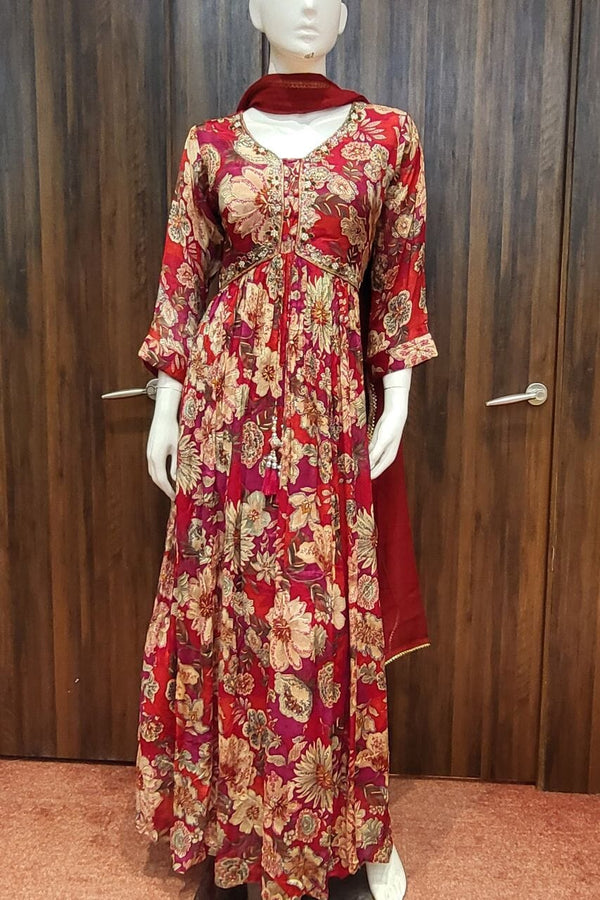 Red Color Gown With Printed