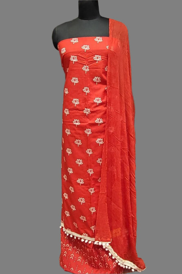 Unstitched Red Cotton Suit Piece for Women