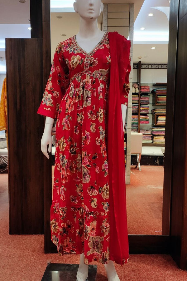 Red Gown With Floral Printed