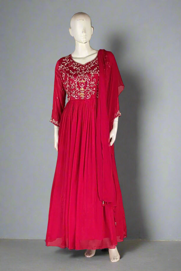 Red Gown In Chinon Silk for Festivals