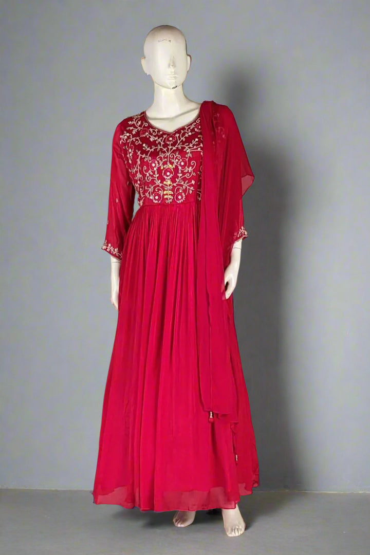 Red Gown In Chinon Silk for Festivals