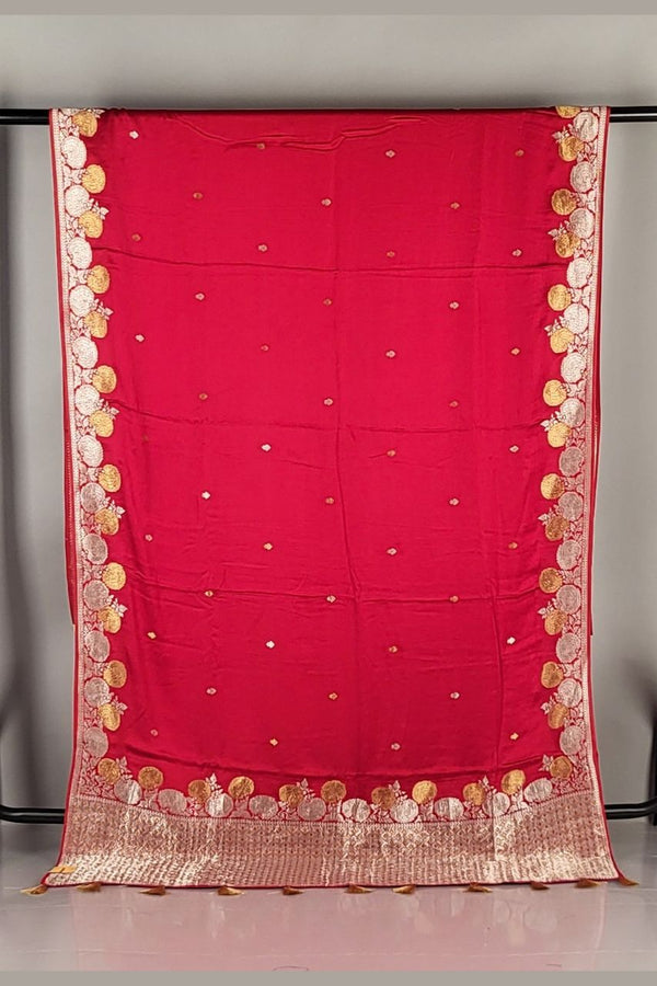 Red Satin Saree with Zari Work for Saptami Look