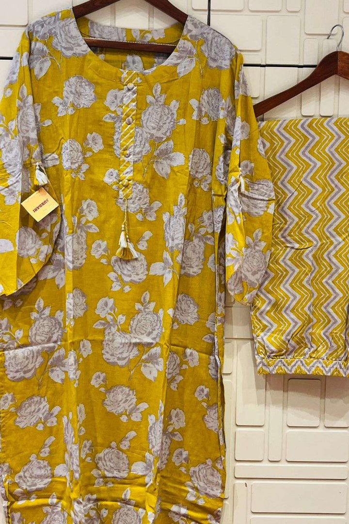 Plus Size Cotton Kurta Set In Yellow