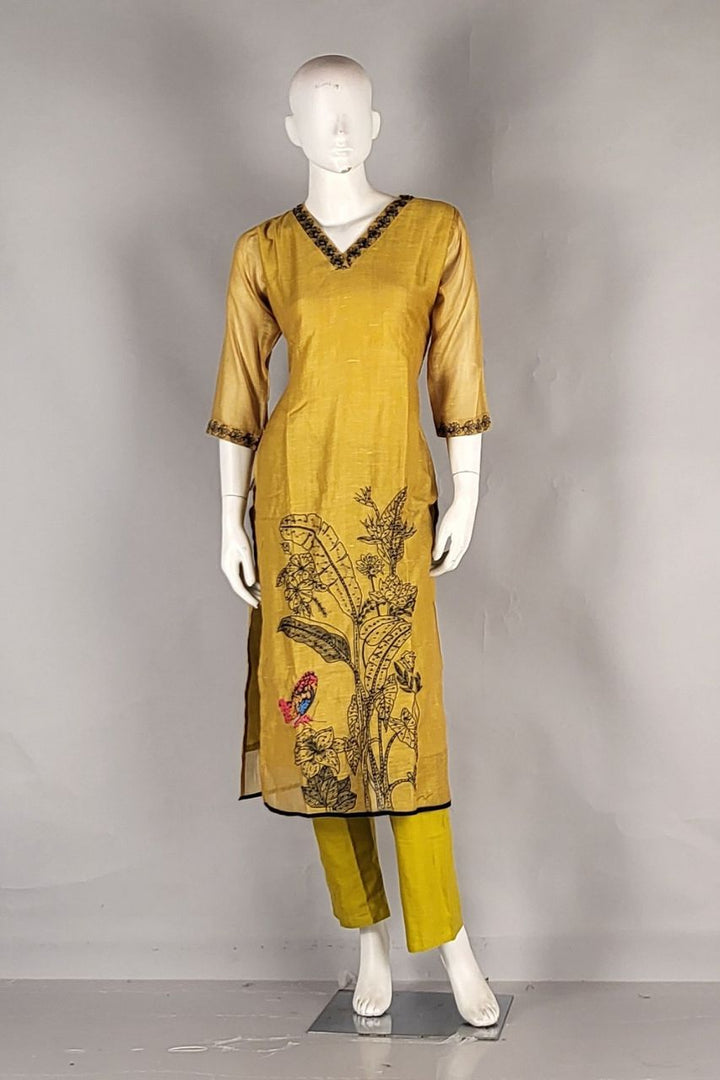 Salwar Suit in Chanderi Silk Fabric- V-Neck