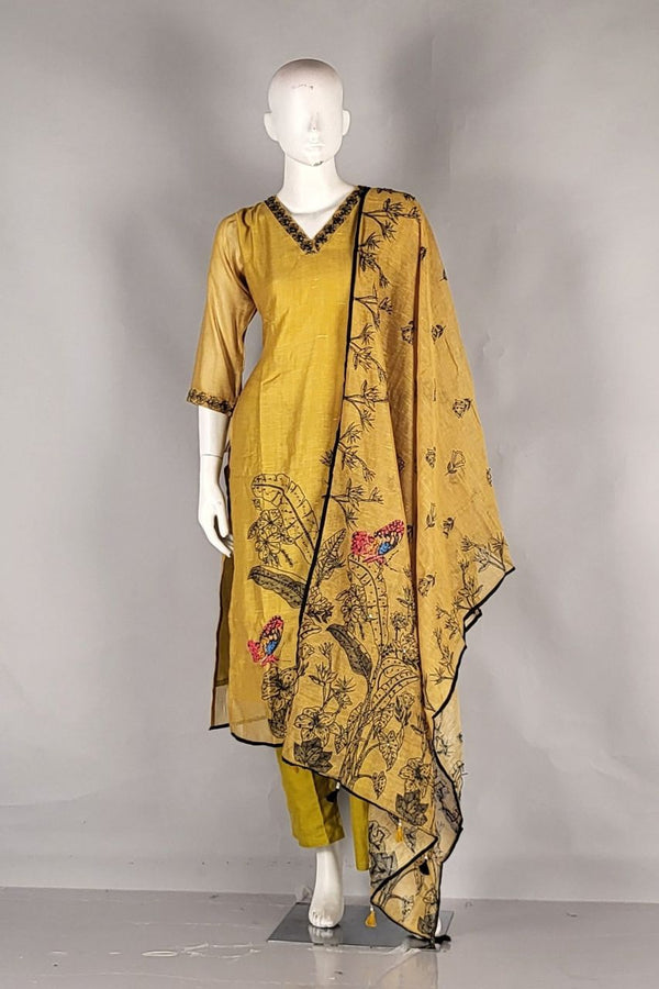 Salwar Suit in Chanderi Silk Fabric- V-Neck