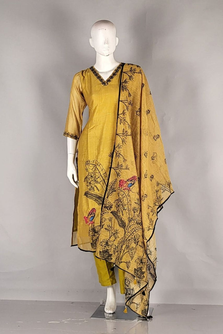 Salwar Suit in Chanderi Silk Fabric- V-Neck