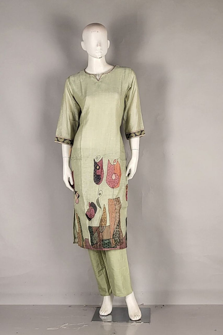 Readymade Salwar Suit in Chanderi Cotton- Green