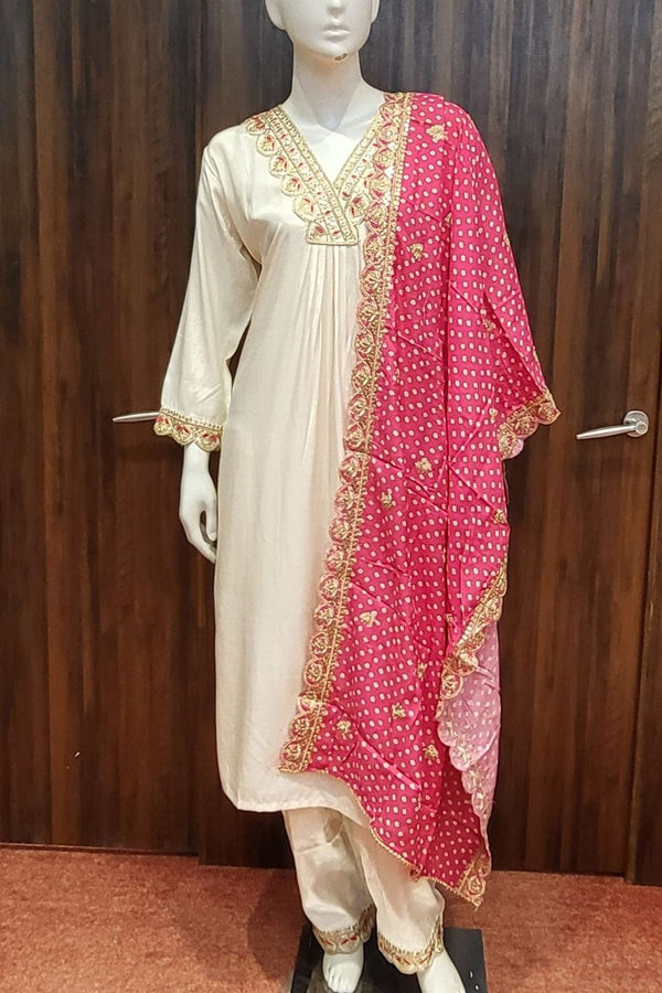 Silk Women V- Neck Suit with Bandhani Dupatta