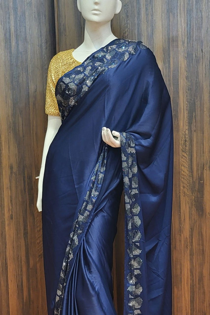 Eid Saree in Blue Colour Plain Satin