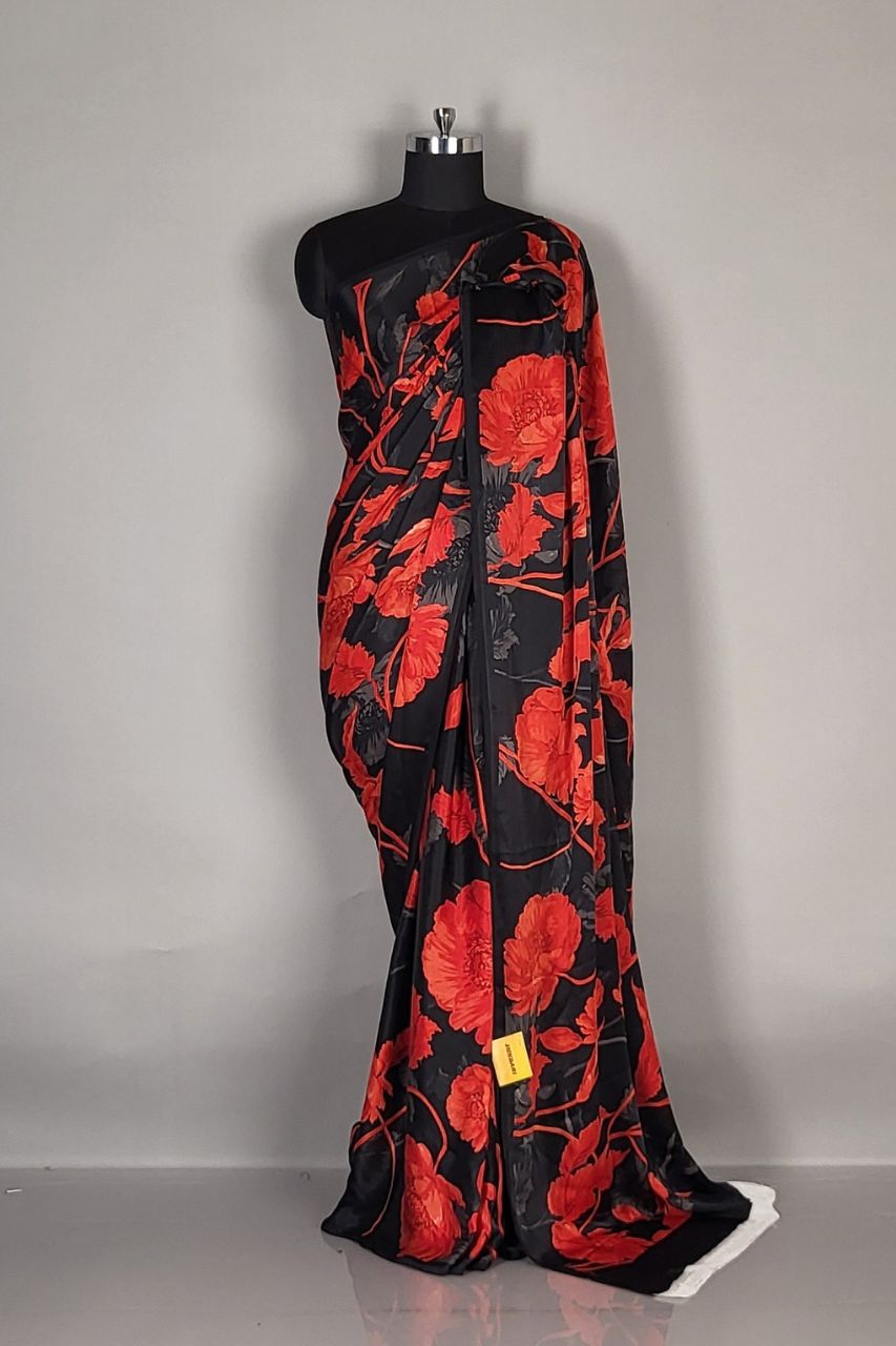 Saree in Black Satin with Red Floral Prints