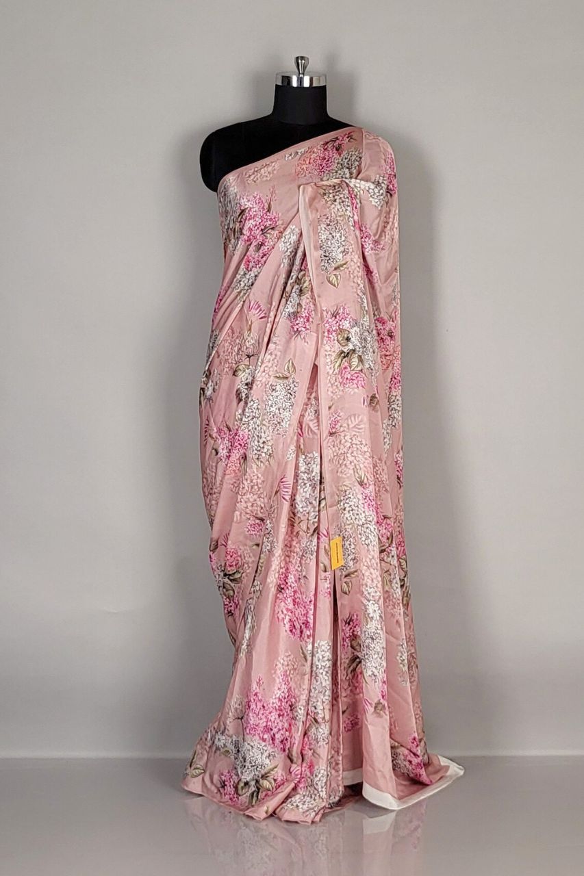 Saree in Pure Satin with Floral Prints – Pink Colour