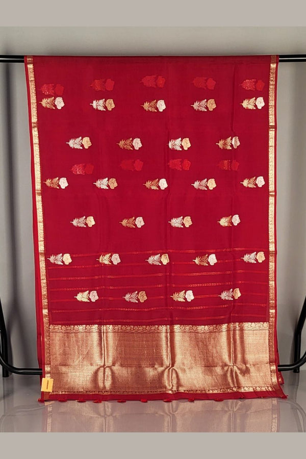 Saree in Red Organza with Golden Zari Woven