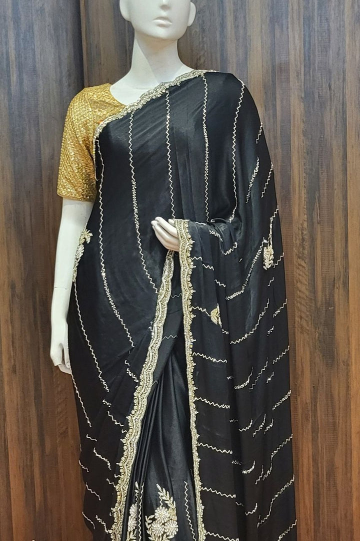 Eid Special Satin Silk Saree In Black Colour