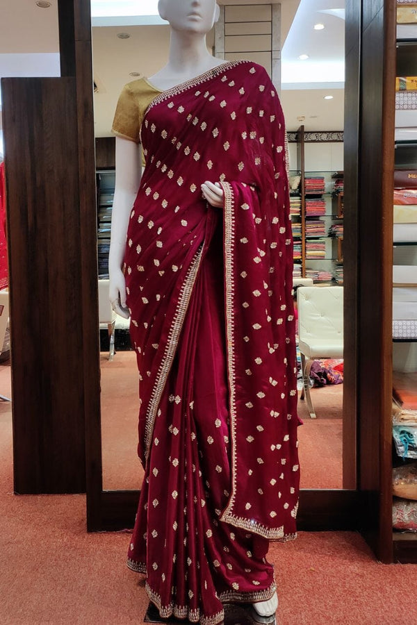 Satin Saree In Magenta Color With Stone Work