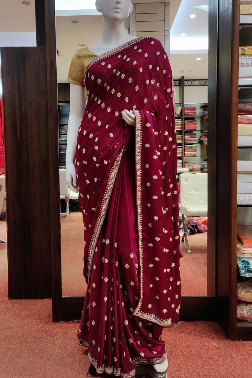 Satin Saree In Magenta Color With Stone Work