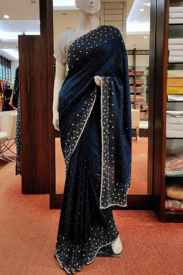 Satin Saree In Peacock Blue Color
