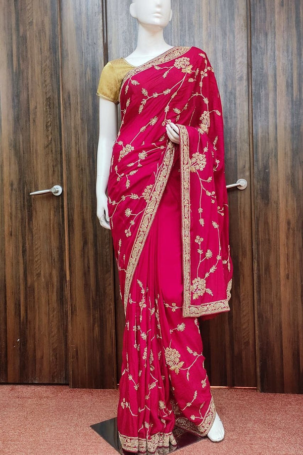 Satin Saree In Rani For Diwali Party