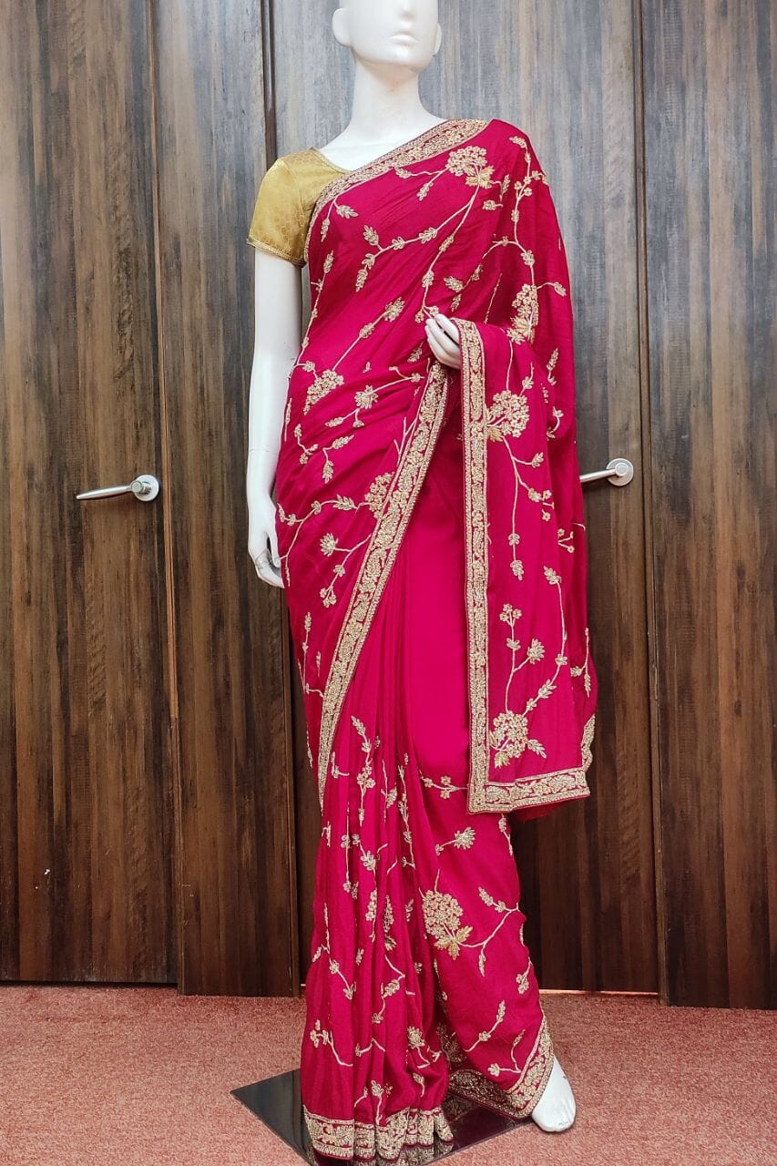 Satin Saree In Rani For Diwali Party