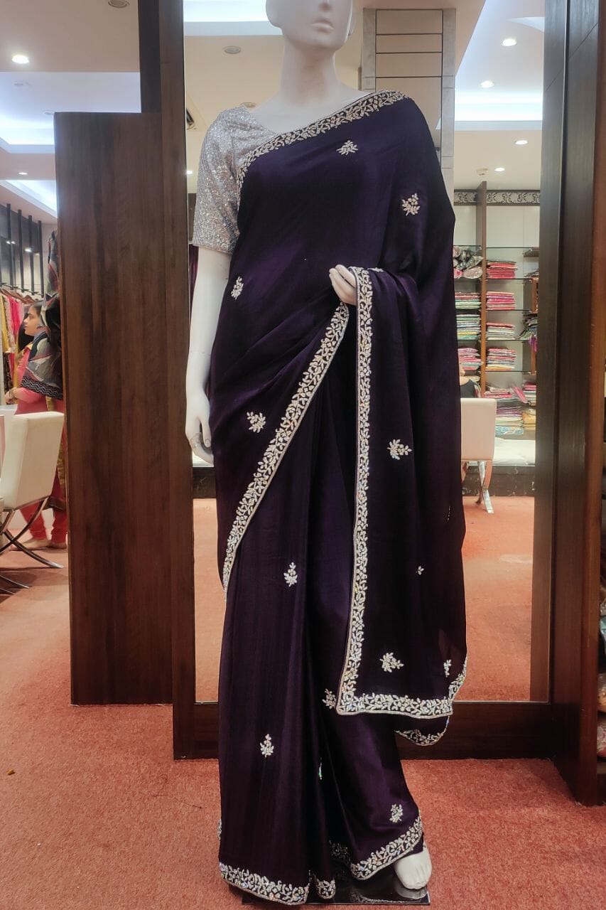 Satin Saree In Violet With Stone Border