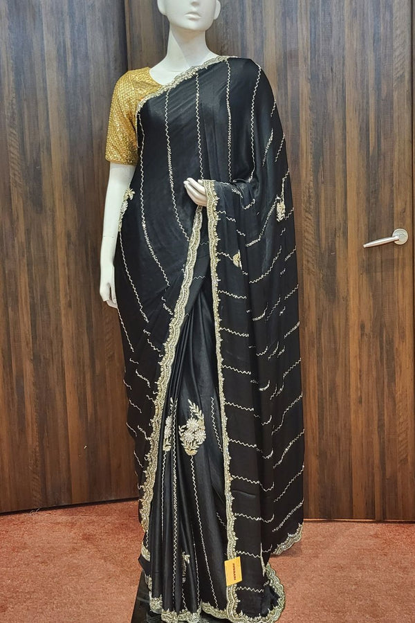 Eid Special Satin Silk Saree In Black Colour