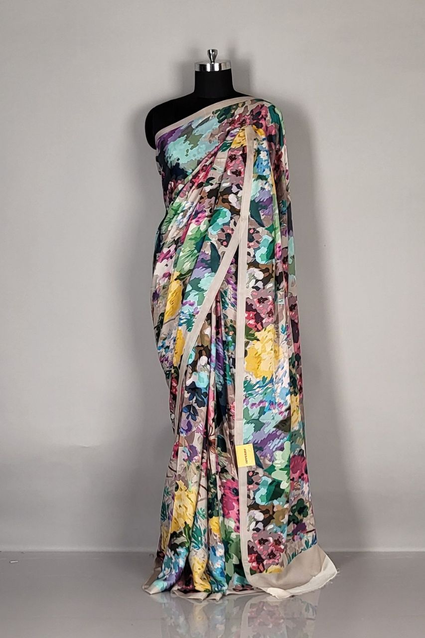 Satin Saree With Multi Colour Floral Prints