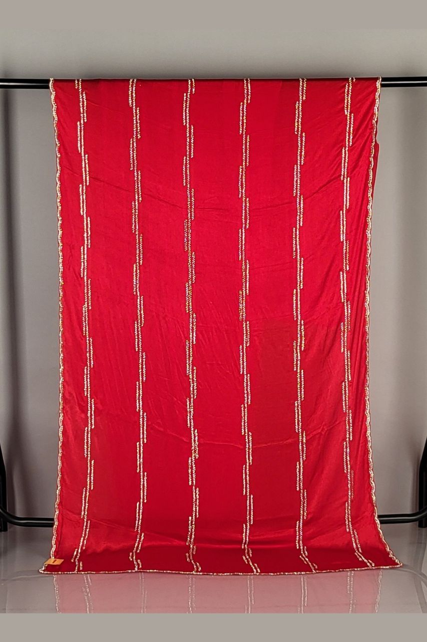 Satin Saree in Red Colour with Stripe Work