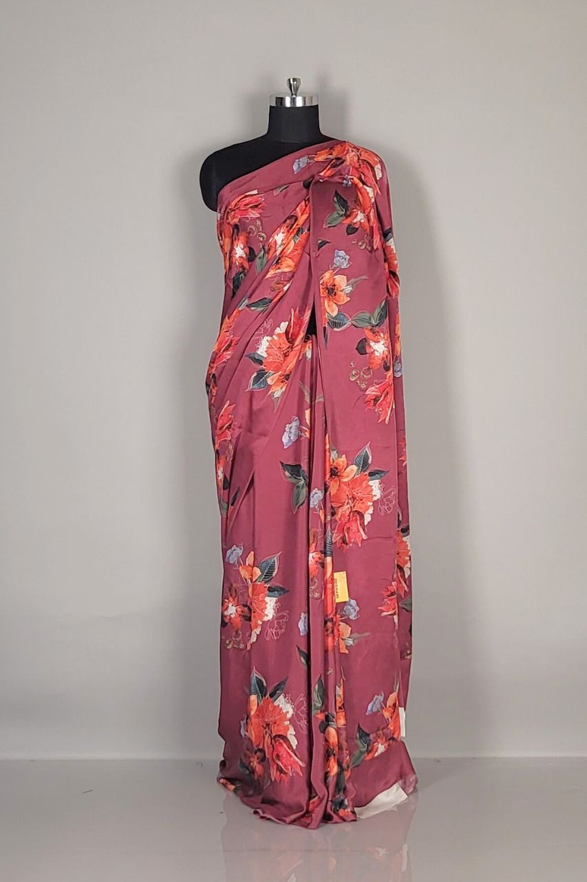Satin Saree on Maroon Colour with Blouse Piece