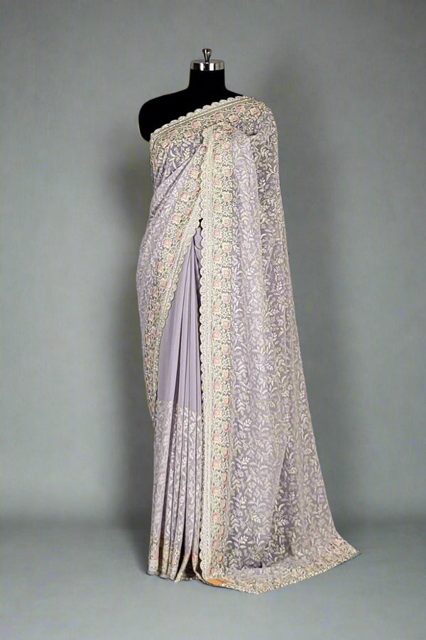 Self Embroidered Georgette Saree- Mauve Colour