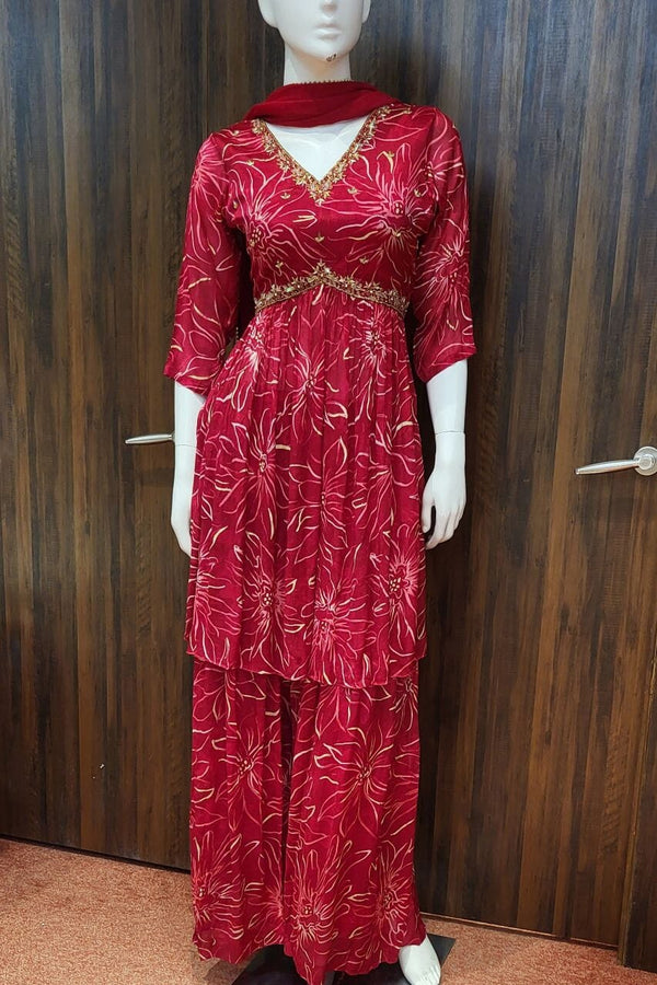 Sharara Suit Set In Rani Color